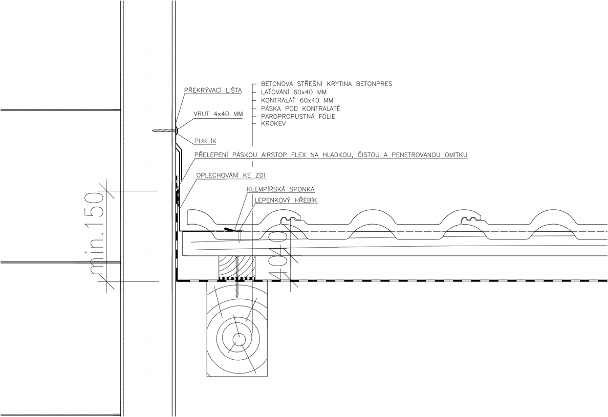 Detail napojení střešní konstrukce ke svislé konstrukci